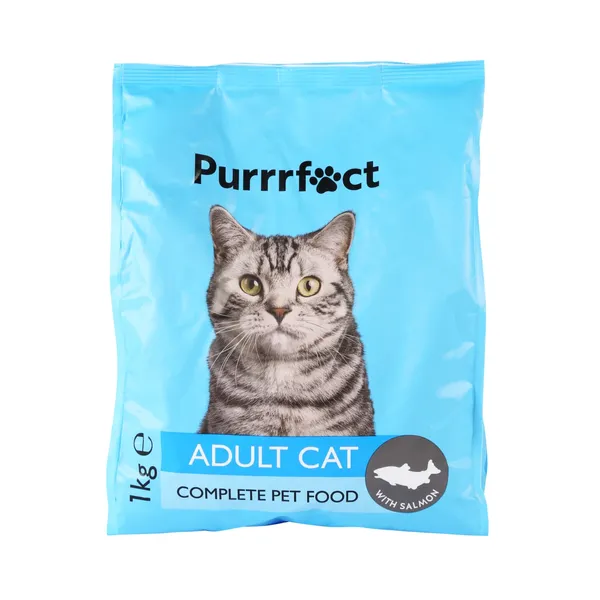 Kaķu barība Purrrfect ar lasi, kompleksā, visu šķirņu pieaugušiem kaķiem 1kg