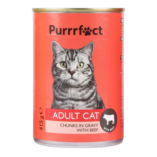 Kompleksa konservēta barība pieaugušiem kaķiem Purrrfect ar liellopu gaļu 415g