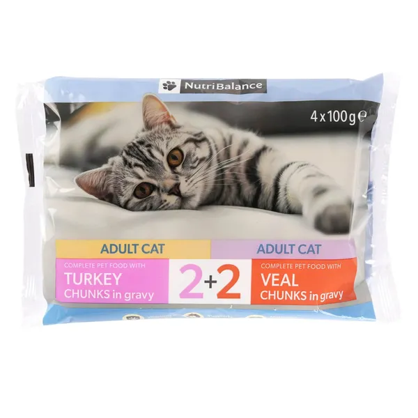 Kaķu barība Nutribalance gabaliņi ar tītara gaļu mērcē, gabaliņi ar teļa gaļu mērcē 4x100g