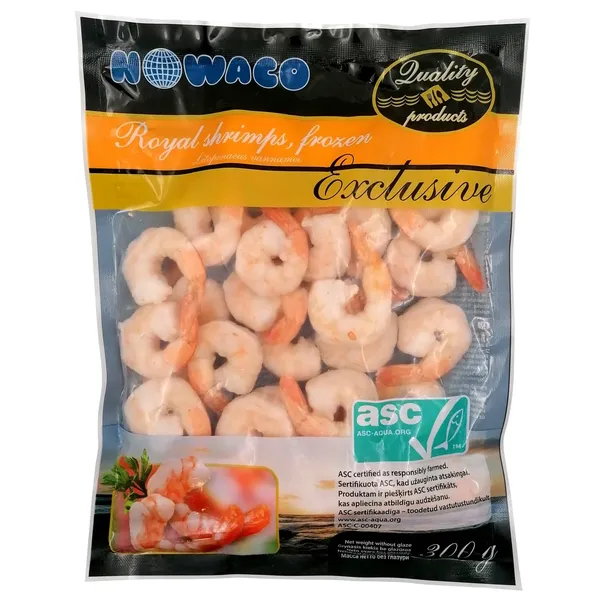 Karaliskās garneles Nowaco Exclusive 31/40 ASC vārītas, tīrītas, ar asti, saldētas 300g