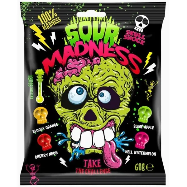 Karameles Sour Madness skābas ar dažādām augļu garšām 60g