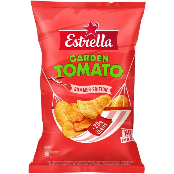Kartupeļu čipsi Estrella ar tomātu garšu, gluda griezuma 200g