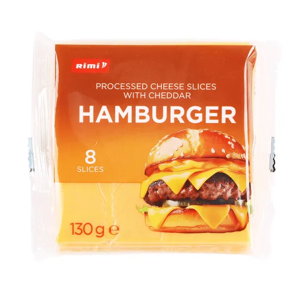 Kausētais siers Rimi Smart šķēlēs, ar Čedaras sieru Hamburger 130g