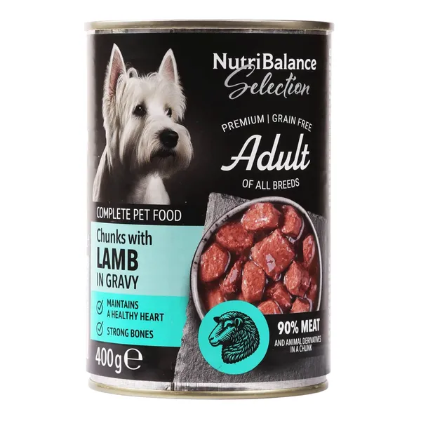 Kompleksā suņu barība Nutribalance Selection gabaliņi ar jēra gaļu mērcē, visu šķirņu pieaugušiem suņiem 400g