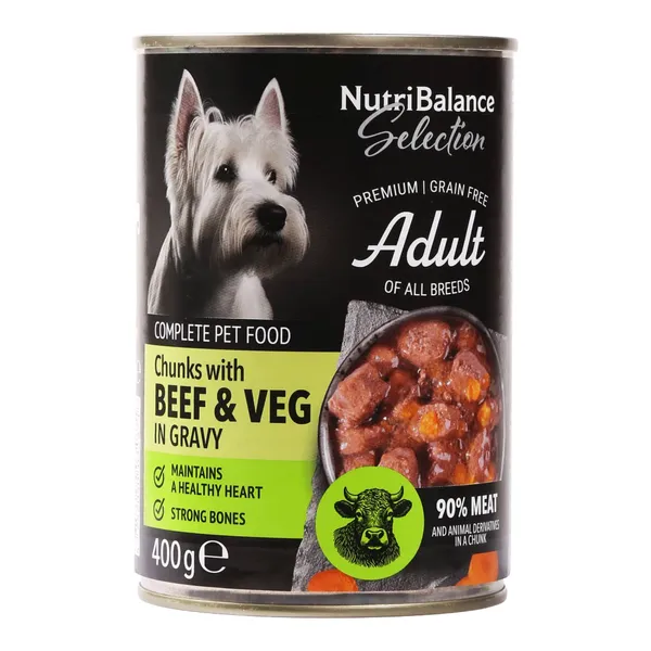 Kompleksā suņu barība Nutribalance Selection gabaliņi ar liellopa gaļu un dārzeņiem mērcē, visu šķirņu pieaugušiem suņiem 400g