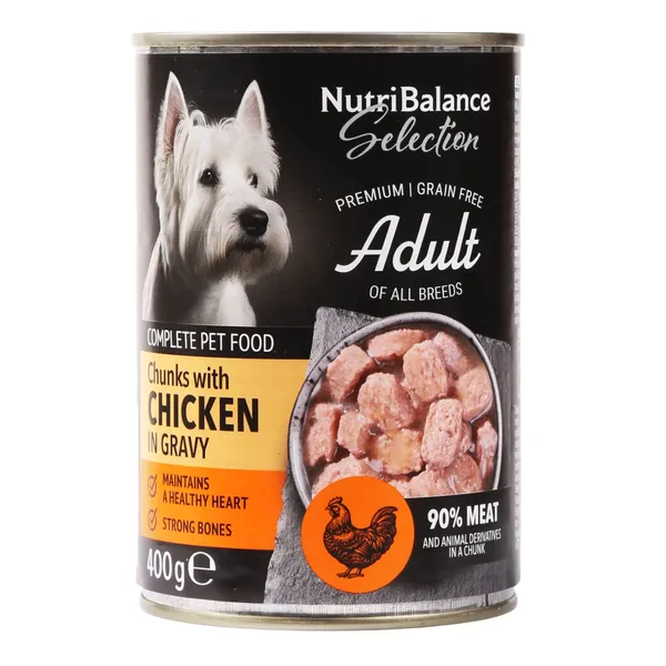 Kompleksā suņu barība Nutribalance Selection gabaliņi ar vistas gaļu mērcē, visu šķirņu pieaugušiem suņiem 400g