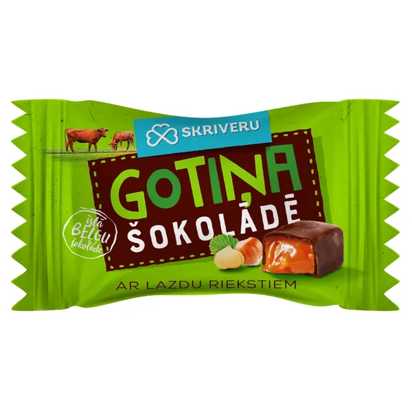 Konfektes Skrīveru Gotiņa tumšajā šokolādē ar lazdu riekstiem kg