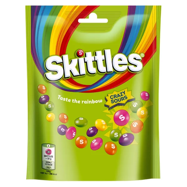 Košļājamās konfektes Skittles Crazy Sours kraukšķīgā cukura glazūrā ar skābu augļu garšu 152g