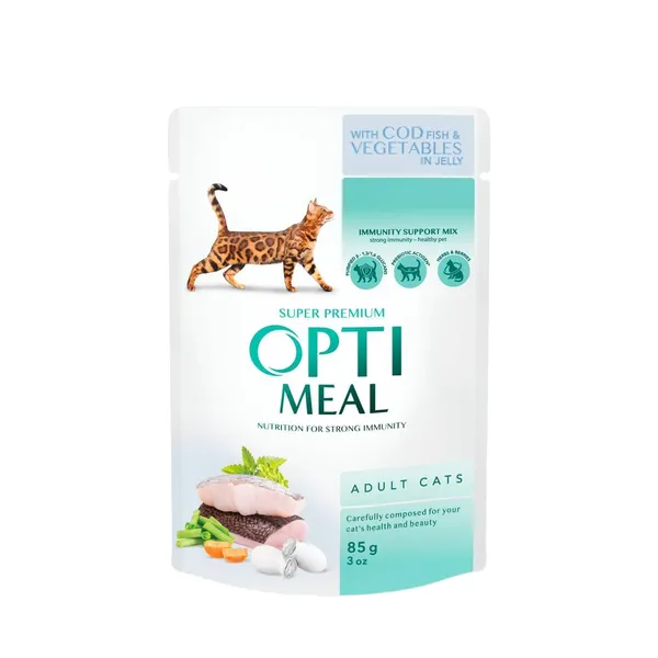 Konservi kaķiem Optimeal ar mencu un dārzeņiem želejā 85g