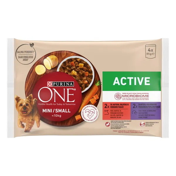 Konservi suņiem Purina One mini/small<10kg active, ar vistas gaļu, burkāniem un zaļajām pupiņām mērcē 4x85g
