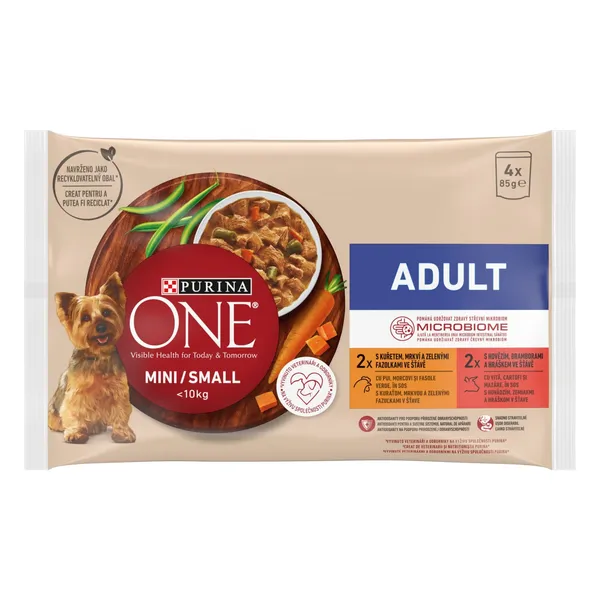 Konservi suņiem Purina One mini/small<10kg adult, ar vistas gaļu, burkāniem un zaļajām pupiņām mērcē 4x85g