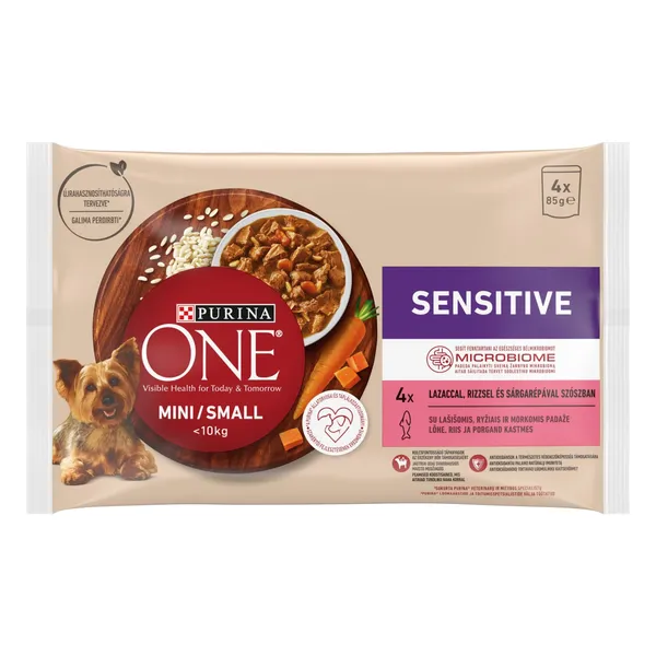 Konservi suņiem Purina One mini/small<10kg sensitive, ar lasi, rīsiem un burkāniem mērcē 4x85g
