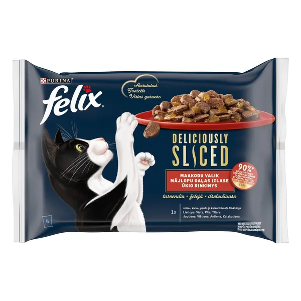 Konservi kaķiem Felix Deliciously Sliced ar liellopa gaļu, vistas gaļu, pīles gaļu un tītara gaļu želejā 4x85g