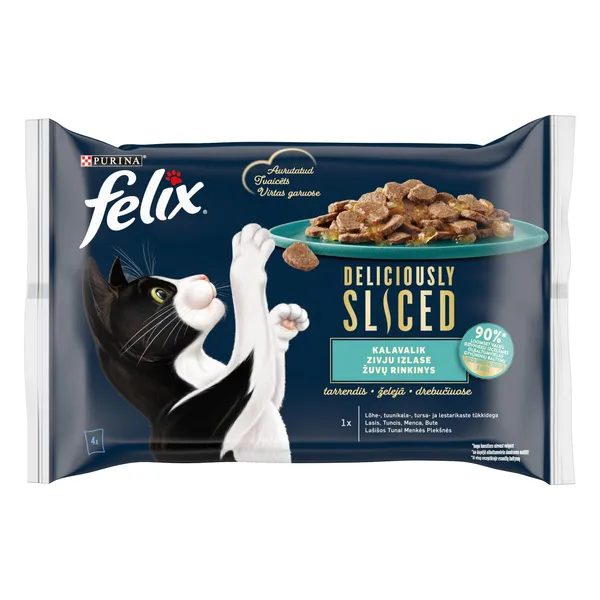 Konservi kaķiem Felix Deliciously Sliced ar lasi, tunci, mencu un buti želejā 4x85g