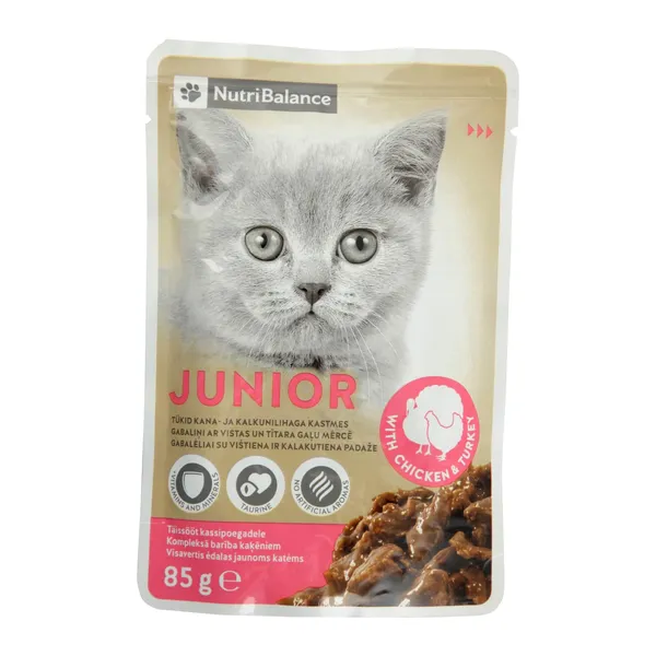 Konservi kaķiem junioriem Nutribalance ar vistas un tītara gaļu 85g