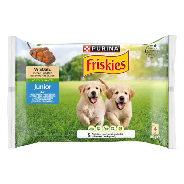 Konservi suņiem Friskies Junior ar vistu, burkāniem 4x85g