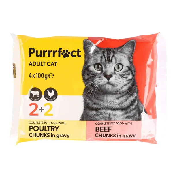 Konservi kaķiem Purrrfect ar liellopa un mājputnu gaļu 4x100g
