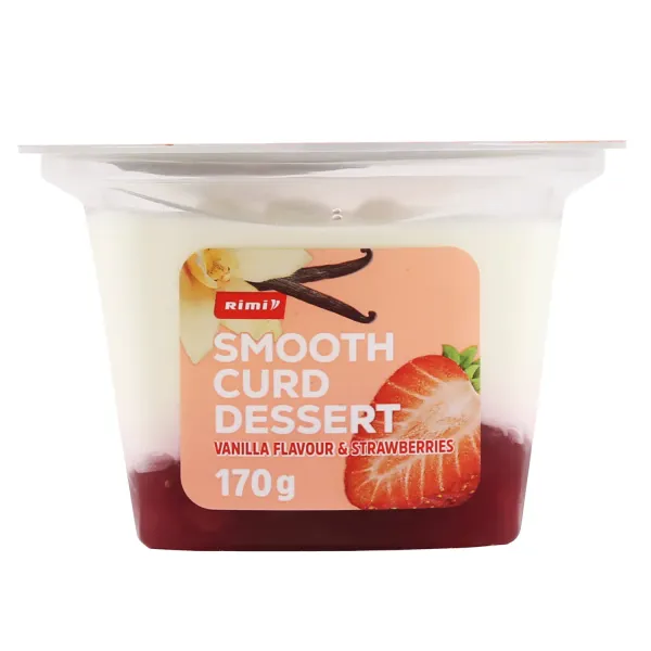 Krēmīgs biezpiena deserts Rimi ar vaniļas garšu un zemenēm 170g
