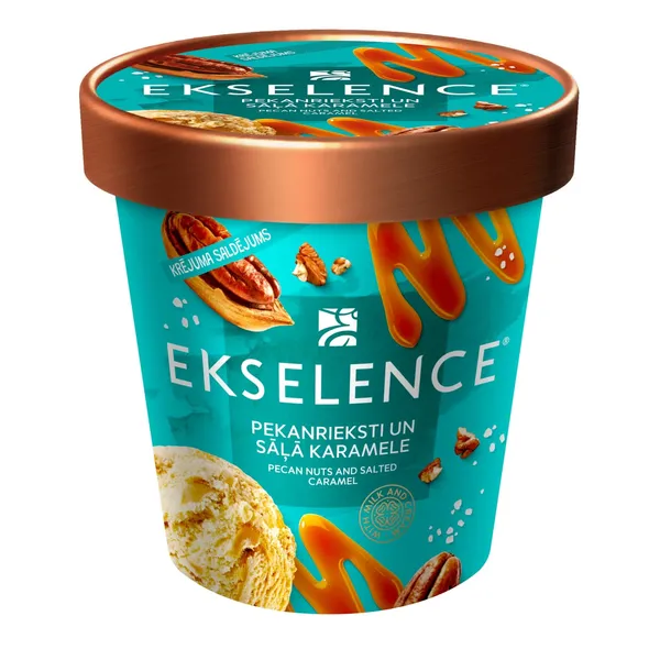 Krējuma vaniļas saldējums Ekselence ar sāļās karameles mērci un karamelizētiem pekanriekstiem 500ml/270g