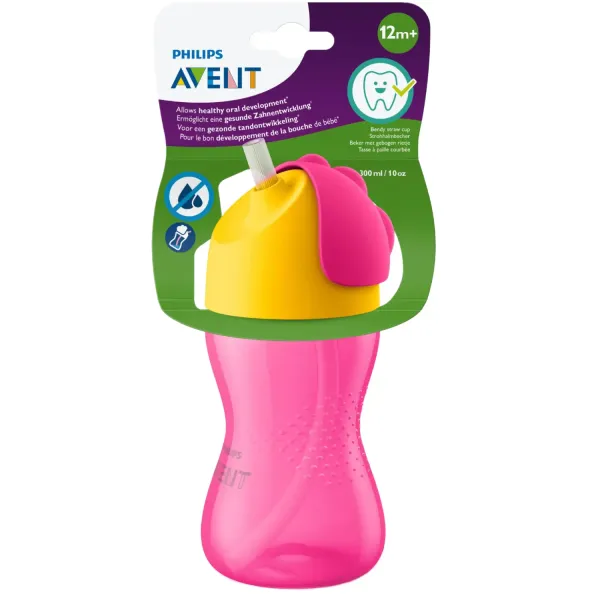 Krūzīte ar salmiņu Philips Avent 12M+, rozā krāsā 300ml