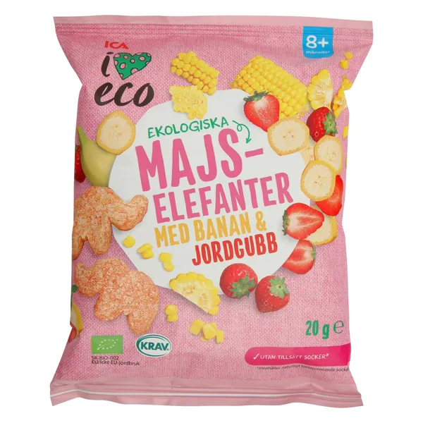 Ekoloģiska kukurūza I Love Eco ar banānu un zemeņu garšu 20g