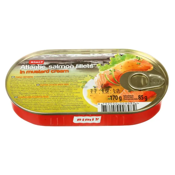 Lašu filejas Rimi angļu sinepju krēmā ar atslēdziņu 170g