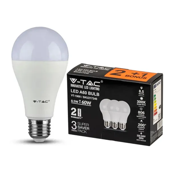 LED spuldze V-Tac 1900 2+1gab., E27/A60 806lm/8.5W/3K, ErP2
