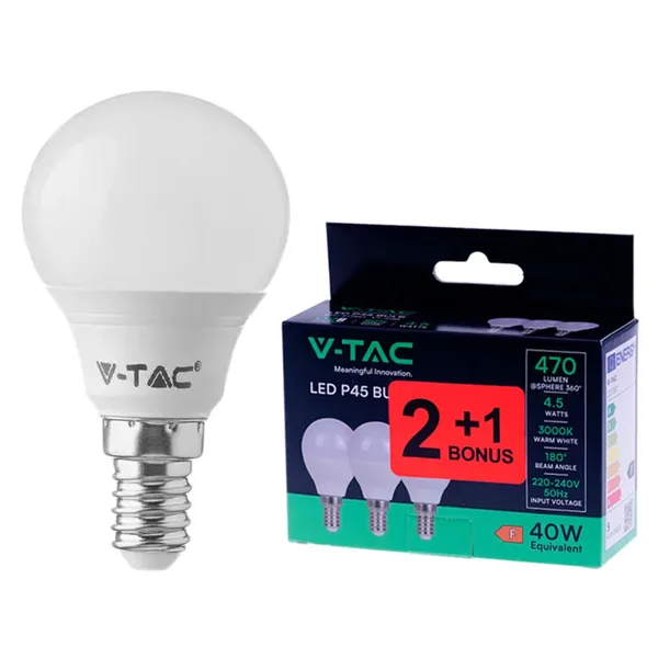 LED spuldze*2+1 e14/p45/470lm/4.5w/3k Vtac 2156