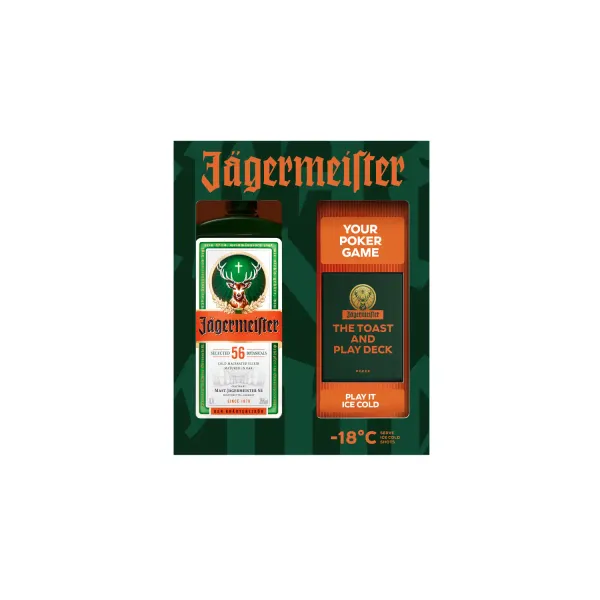 Liķieris Jagermeister dāvanu komplekts ar kārtīm 35% 0,7l