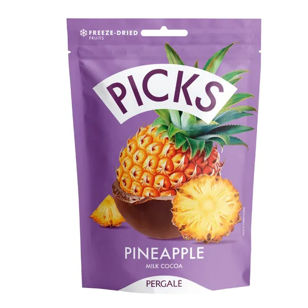 Liofilizēti ananasu biezeņa gabaliņi Pergale Picks piena kakao glazūrā 90g