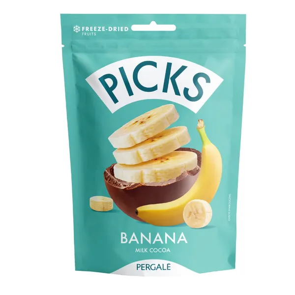 Liofilizēti banānu biezeņa gabaliņi Pergale Picks ar piena kakao glazūru 90g