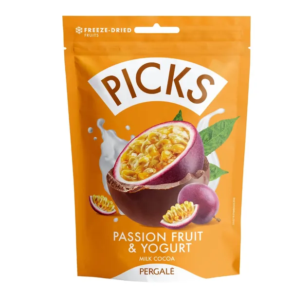 Liofilizēti pasifloras jogurta kubiņi Pergale Picks ar piena kakao glazūru 90g