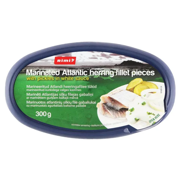 Marinēti Atlantijas siļķu filejas gabaliņi ar marinētiem gurķiem baltajā mērcē Rimi 300g