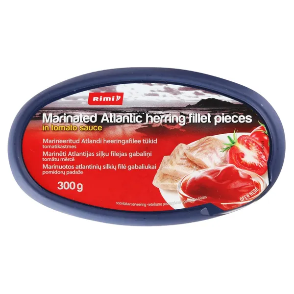 Marinēti Atlantijas siļķu filejas gabaliņi tomātu mērcē Rimi 300g