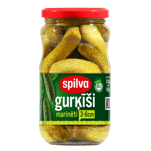 Gurķīši marinēti (3-6cm) 330g (190g), Spilva