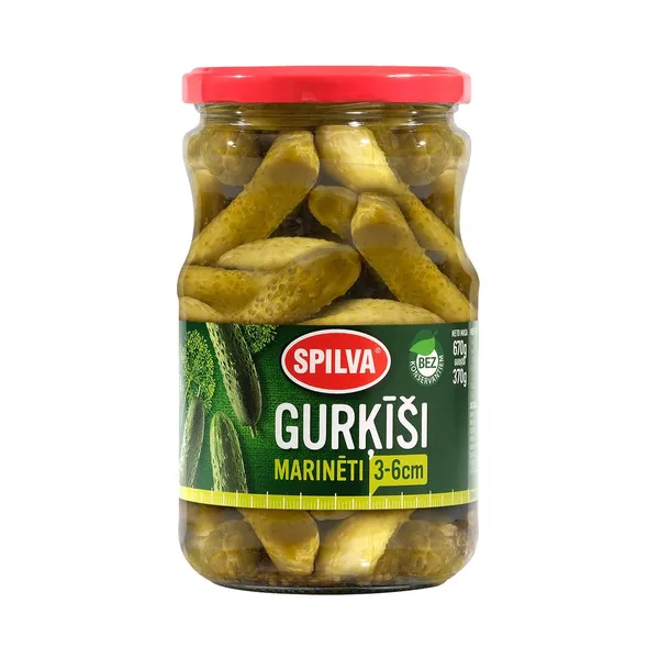 Gurķīši marinēti (3-6cm) 670g (370g), Spilva