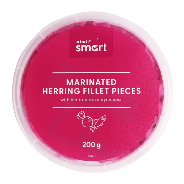 Marinēti siļķu filejas gabaliņi Rimi Smart ar bietēm majonēzē 200g
