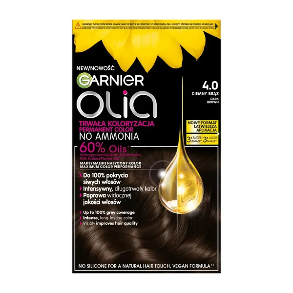 Matu krāsa Garnier Olia ilgnoturīga, uz eļļas bāzes bez amonjaka 4.0 tumši brūna 1gab.
