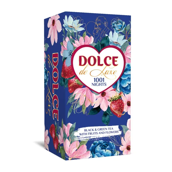 Melnā sīklapu tēja Dolce de Luxe 1001 nights ar augļu gabaliņiem un puķu ziedlapiņām 50g