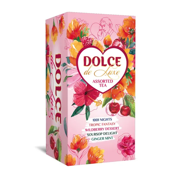 Melnās un zaļās sīklapu tējas komplekts Dolce de Luxe ar augļu gabaliņiem un puķu ziedlapiņām 50g