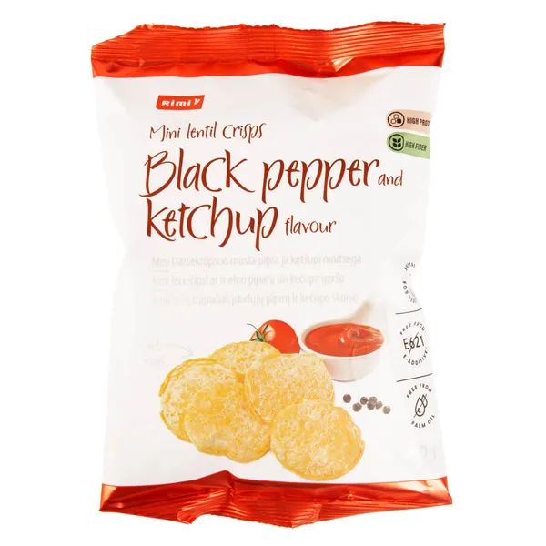Mini lēcu čipsi Rimi ar melno piparu un kečupa garšu 60g