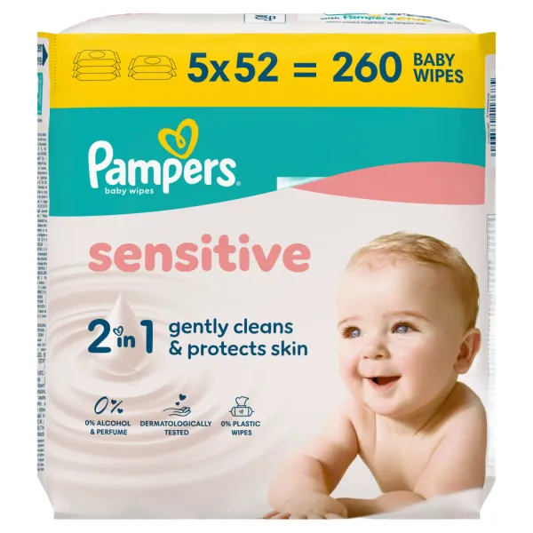 Mitrās salvetes Pampers Sensitive Plastic Free 5x52gab.