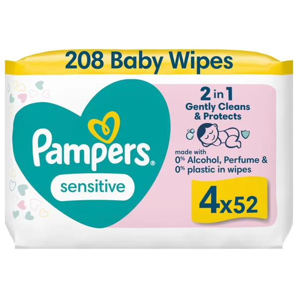 Mitrās salvetes Pampers Sensitive Plastic Free 4x52gab.