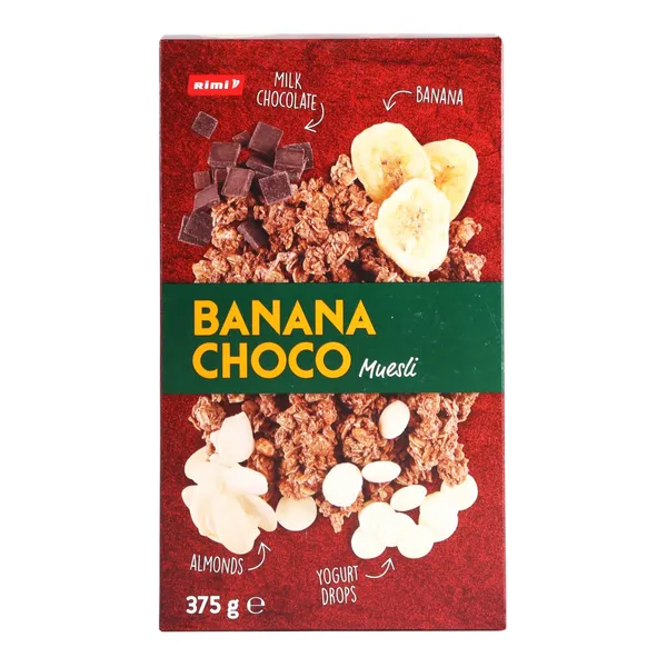 Kraukšķīgs muslis ar jogurta garšas gabaliņiem, banānu čipsiem, piena un tumšās šokolādes gabaliņiem un mandelēm 375 g