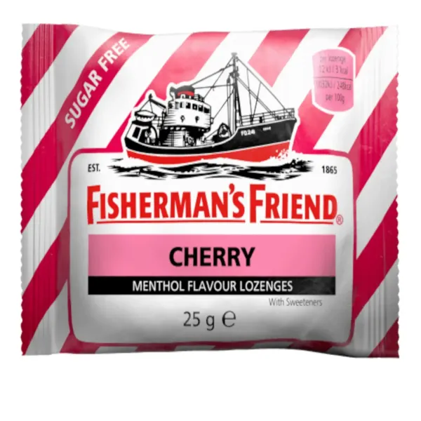 Pastilas Fisherman's Friend ķiršu garša bez cukura ar aromatizētājiem un saldinātājiem 25g