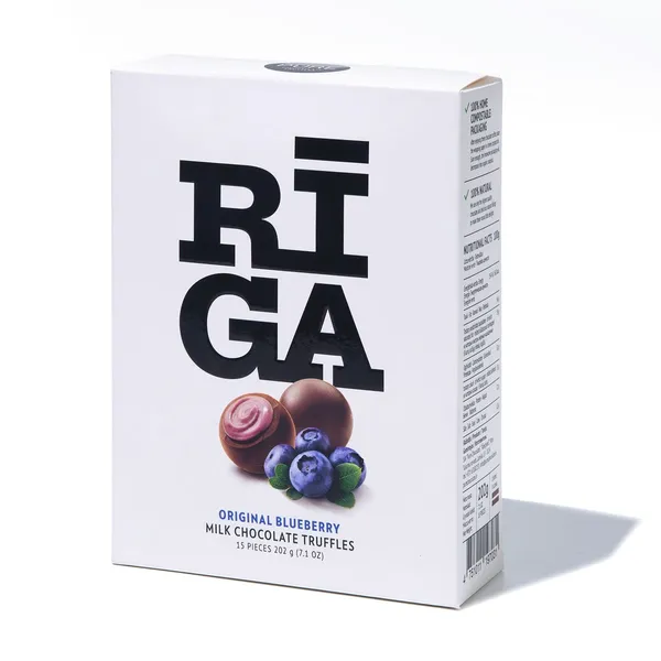 Piena šokolādes trifeles Rīga ar melleņu jogurta krēma pildījumu 202g