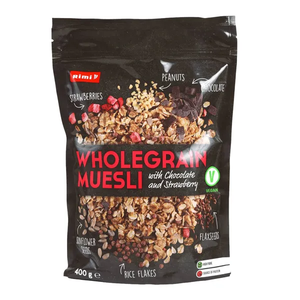 Pilngraudu muslis Rimi ar šokolādi un zemenēm 400g