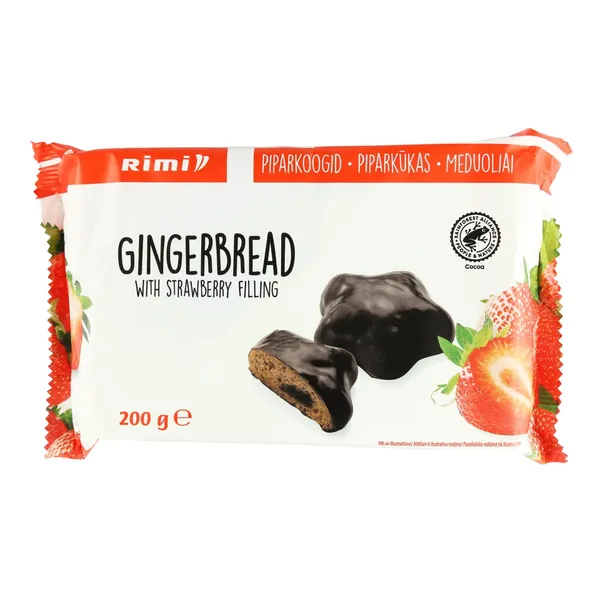 Piparkūkas Rimi ar zemeņu pildījumu tumšajā šokolādē 200g