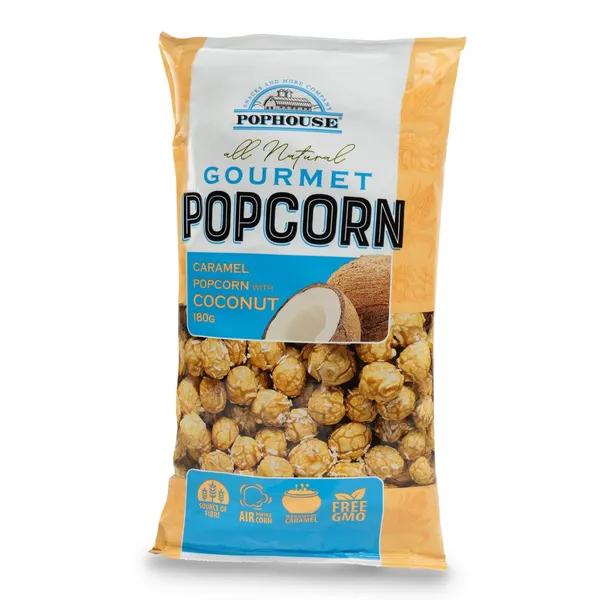 Popkorns Pophouse karamelizēts ar kokosriekstu skaidiņām 180g