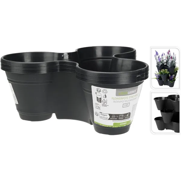 Puķu podu komplekts 3gab, liekami viens uz otra, melni SG26